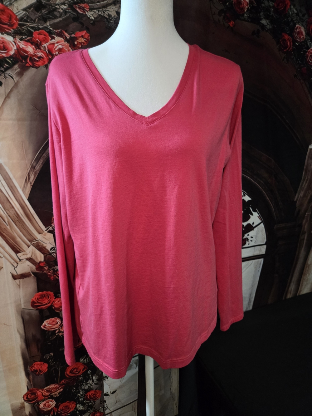 Lands' End V-Neck Long Sleeve Top in Bright Pink